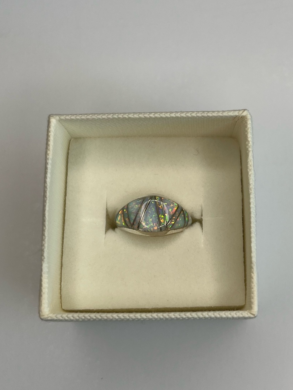Sterling Silver White Lab Opal Inlay Domed Band Ring